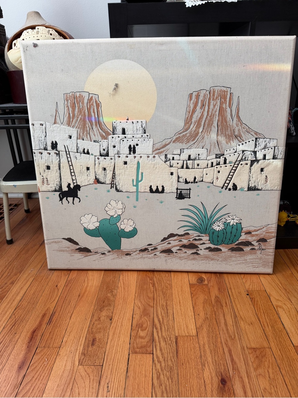 Vintage triptych screenprint DeJean Desert Pueblo Canvas Wall Art Accent home
